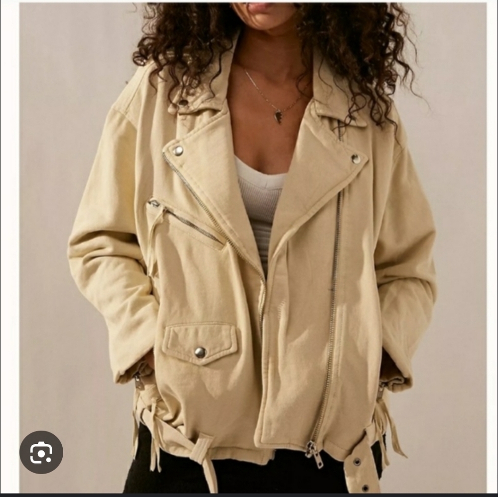 We the Free Women's Boho Grunge Oversized Casual Tan Rebel Knit Moto Jacket Sz L - Picture 2 of 8